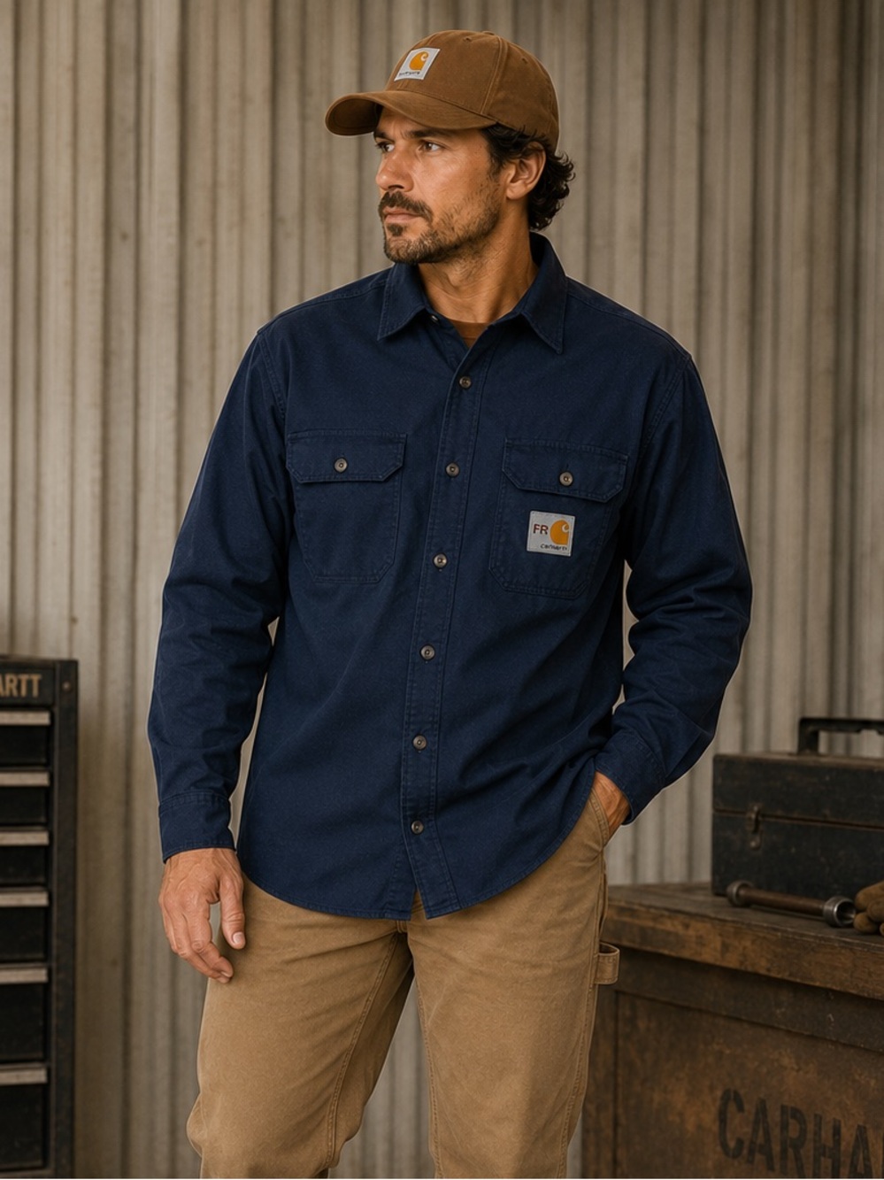Carhartt FR Flame Resistant Work Shirt Men’s Medium Regular Navy Button Front